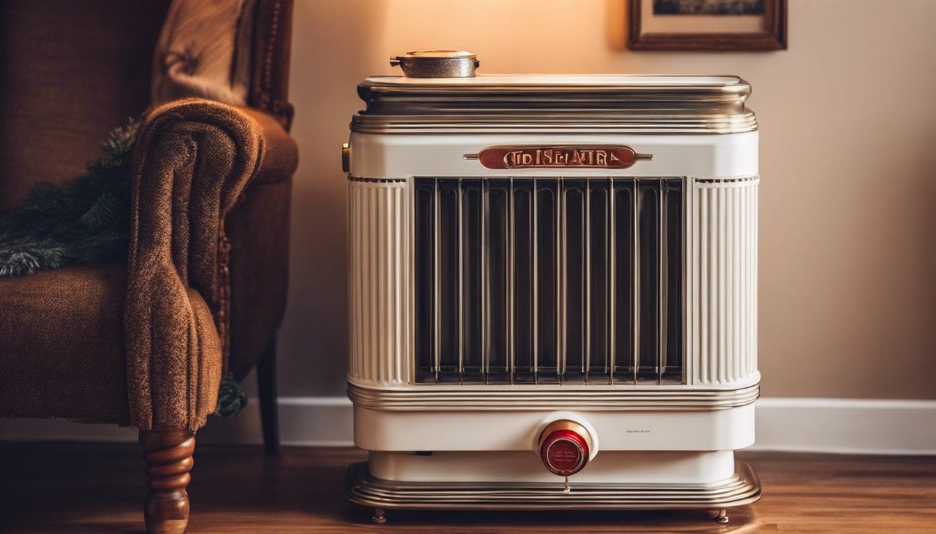 Een oude Aladdin oliekachel in een gezellige vintage woonkamer.