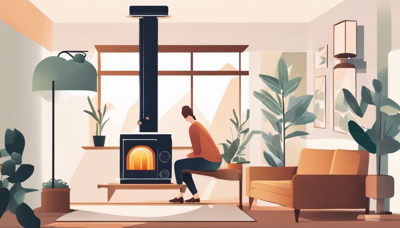 Een persoon past een oliekachel aan in een goed georganiseerde woonkamer.