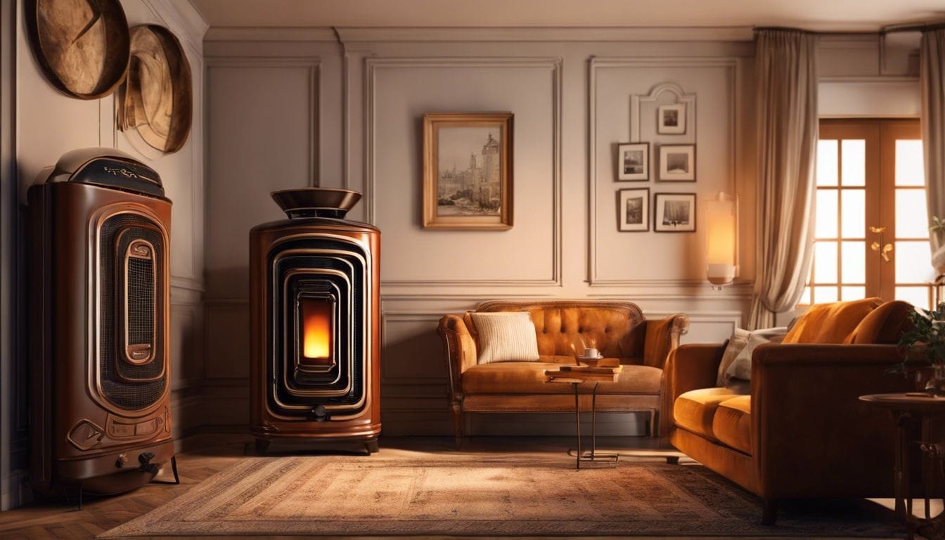 Een vintage olie verwarming in een gezellige woonkamer met antieke meubels. Een vintage olie verwarming in een gezellige woonkamer met antieke meubels.