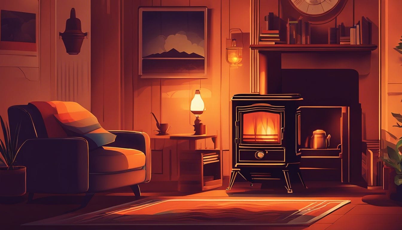 Een persoon ontspannen naast een Qlima kerosinekachel in een gezellige woonkamer.