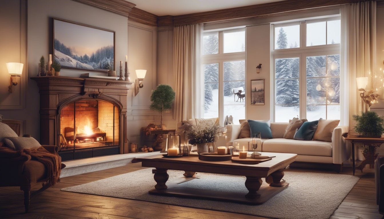 Een comfortabele woonkamer met traditionele open haard en houten meubels.