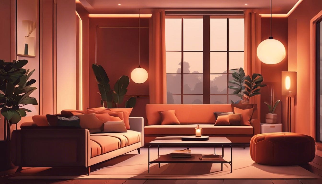 Een paraffine-kachel verwarmt een gezellige woonkamer met comfortabele meubels. Een paraffine-kachel verwarmt een gezellige woonkamer met comfortabele meubels.