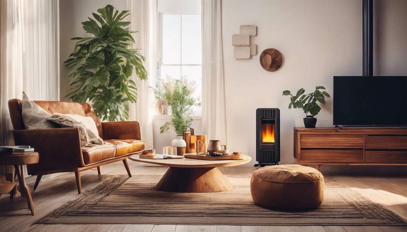 Een comfortabele woonkamer met een oliekachel, natuurlijke fotografie en gezellige sfeer.