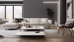 Een persoon kalibreert de Zibro LC-140 laser verwarmingsthermostaat in een modern ingerichte woonkamer.