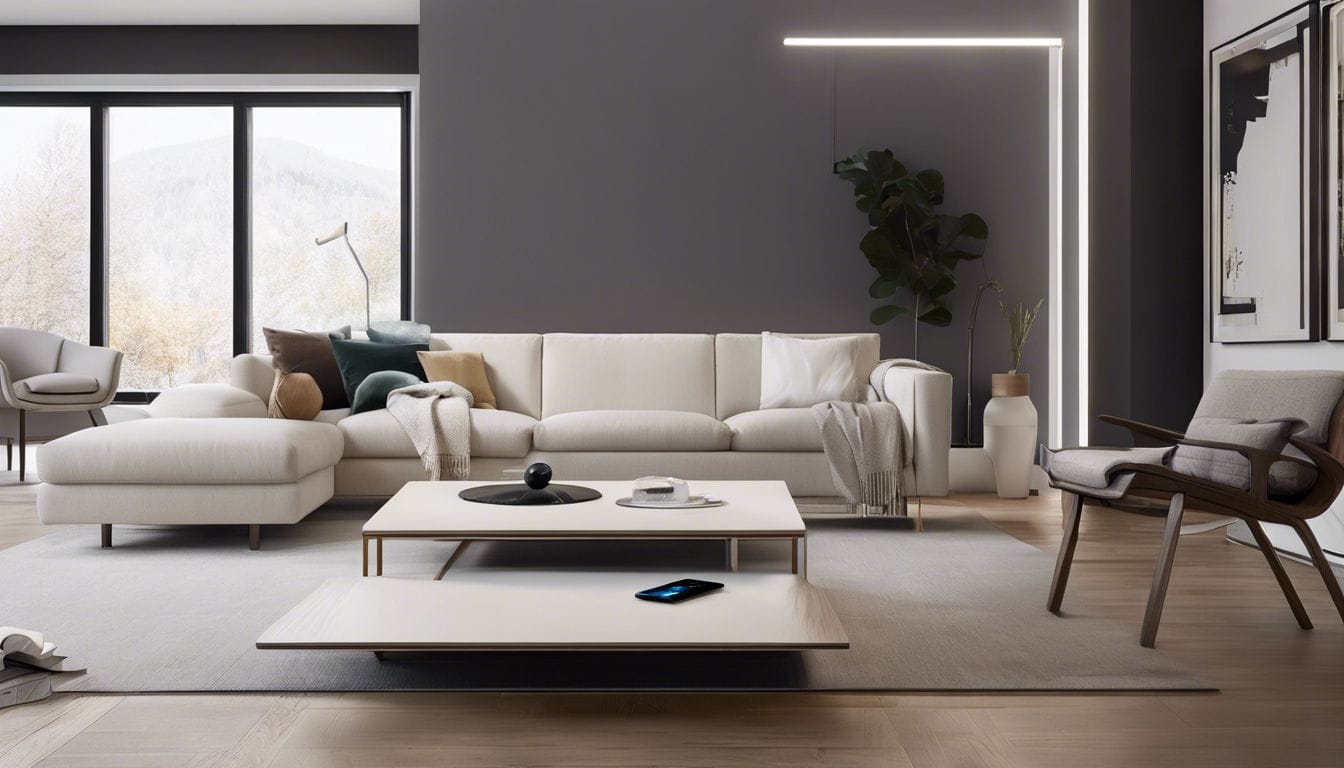 Een persoon kalibreert de Zibro LC-140 laser verwarmingsthermostaat in een modern ingerichte woonkamer.