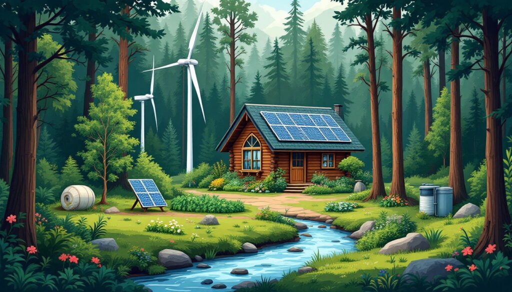 Een afgelegen, duurzame blokhut midden in een dicht bos.