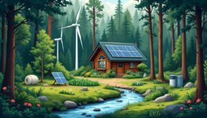 Een afgelegen, duurzame blokhut midden in een dicht bos.