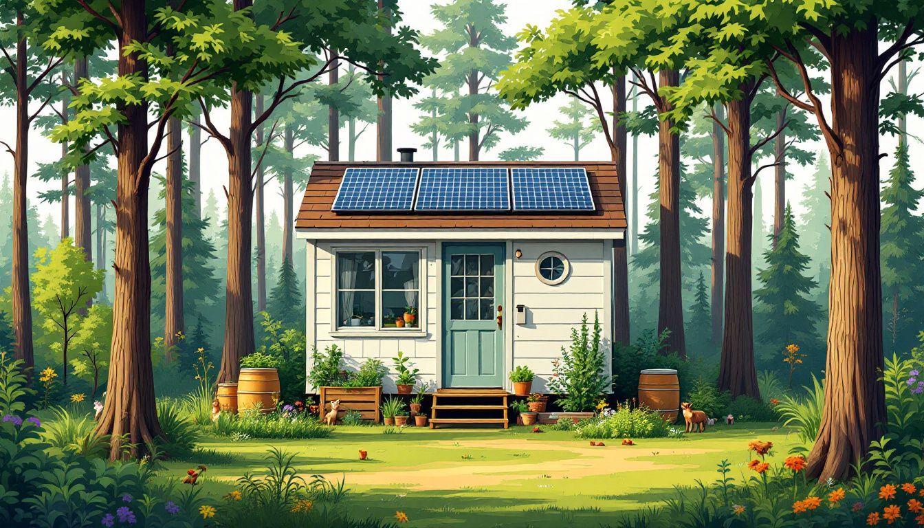 Een zelfvoorzienend huisje in een dicht bos met zonne-energie en een moestuin.