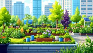 Een levendige duurzame daktuin in een stedelijke omgeving.