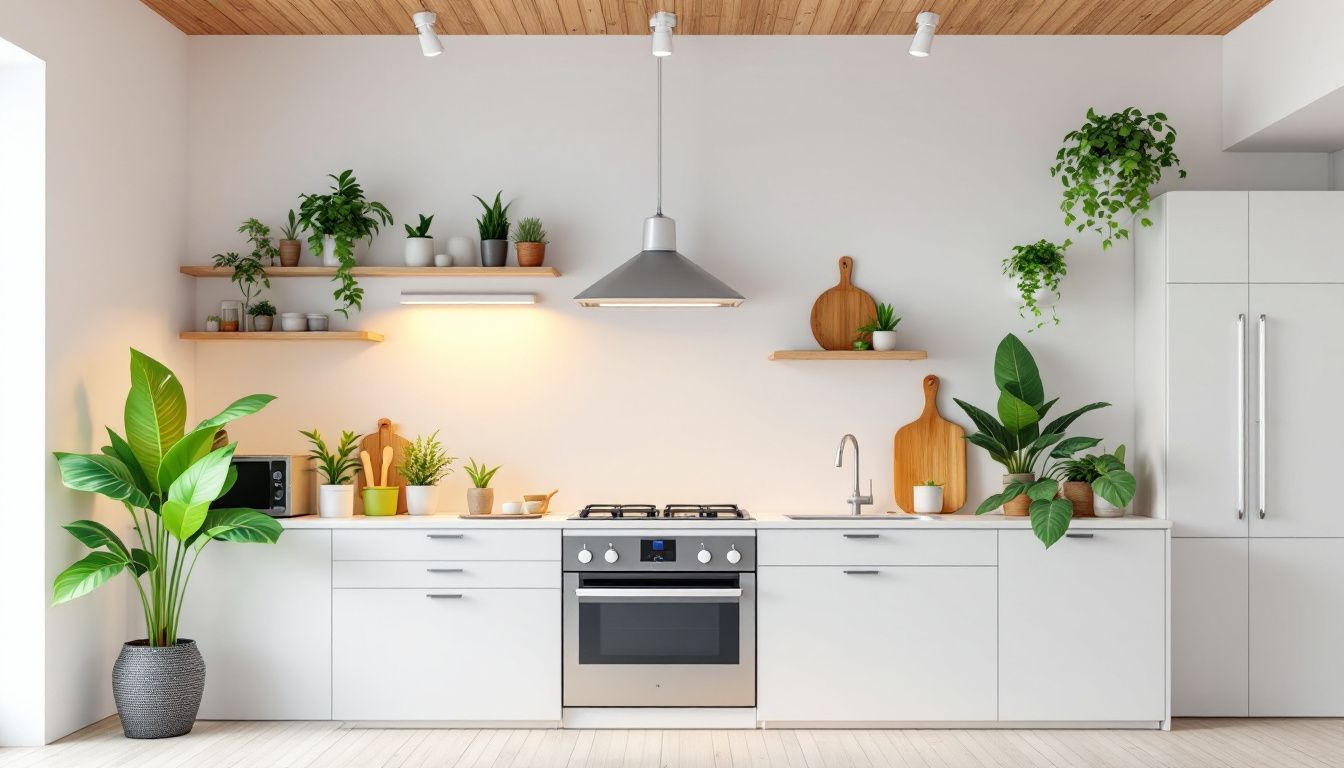 Een moderne, energiezuinige keuken met LED-lampen en zonnepanelen. Een moderne, energiezuinige keuken met LED-lampen en zonnepanelen.