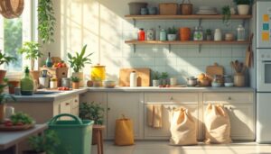 Een rommelige keuken met milieuvriendelijke huishoudelijke artikelen.