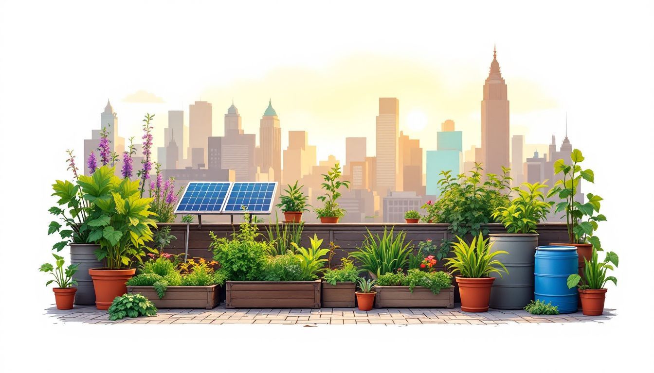 Een levendige stadsdaktuin met duurzame planten en zonne-energie.