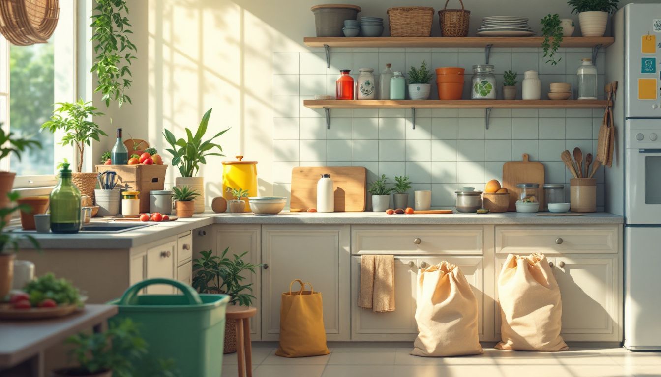 Een rommelige keuken met milieuvriendelijke huishoudelijke artikelen.