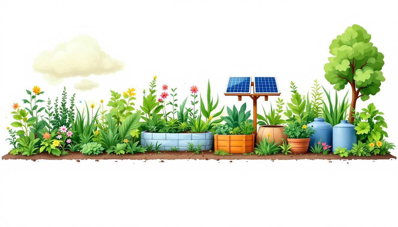 Een goed onderhouden tuin met duurzame elementen zoals compostering, regenwateropvang en zonnepanelen.