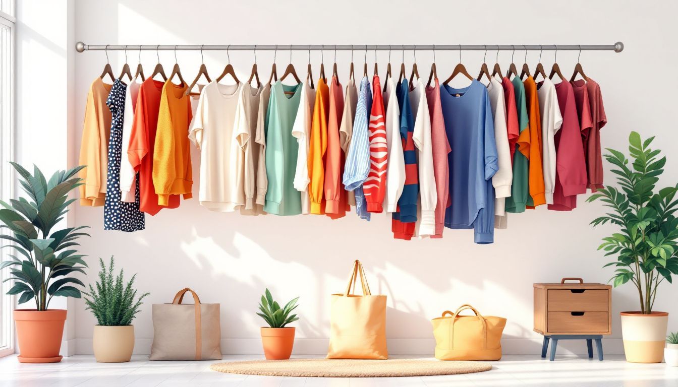 Een georganiseerde kast vol tweedehandskleding en herbruikbare tassen.