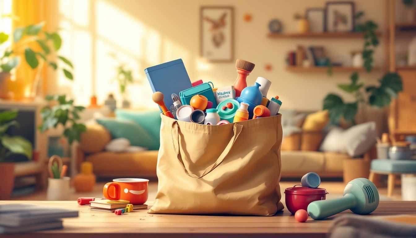 Een herbruikbare boodschappentas gevuld met gebruikte en hergebruikte spullen in een gezellige woonkamer.