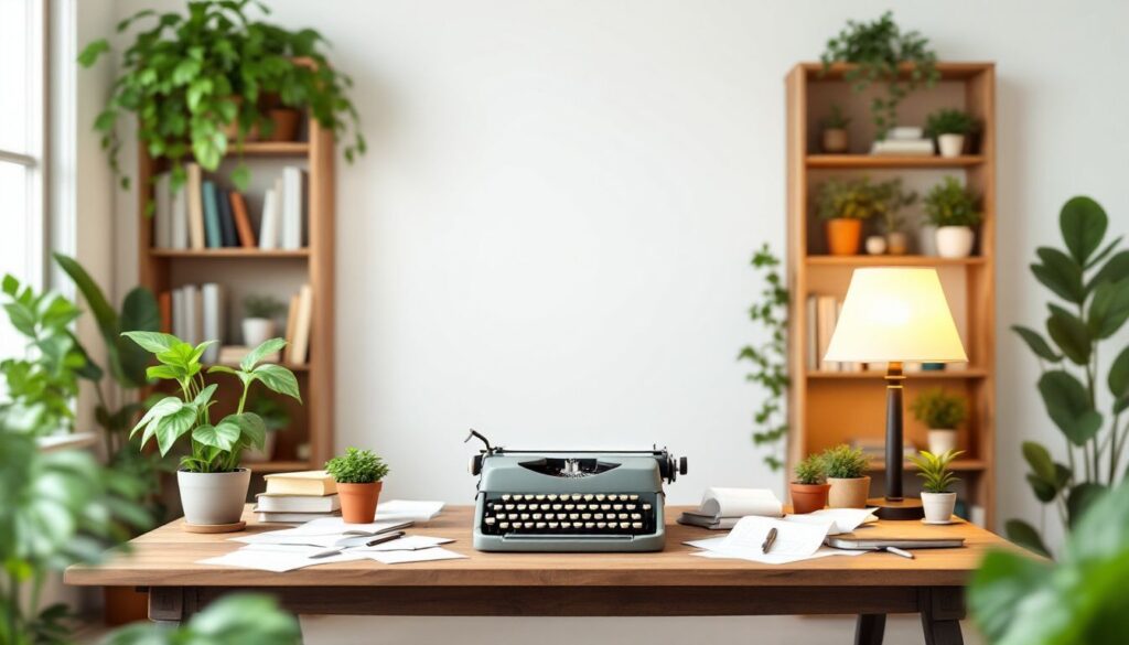 Een gezellige studeerkamer met vintage typemachine en boeken over duurzaam leven.