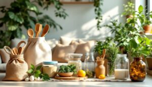 Een collectie milieuvriendelijke huishoudelijke producten in een gezellig huis.