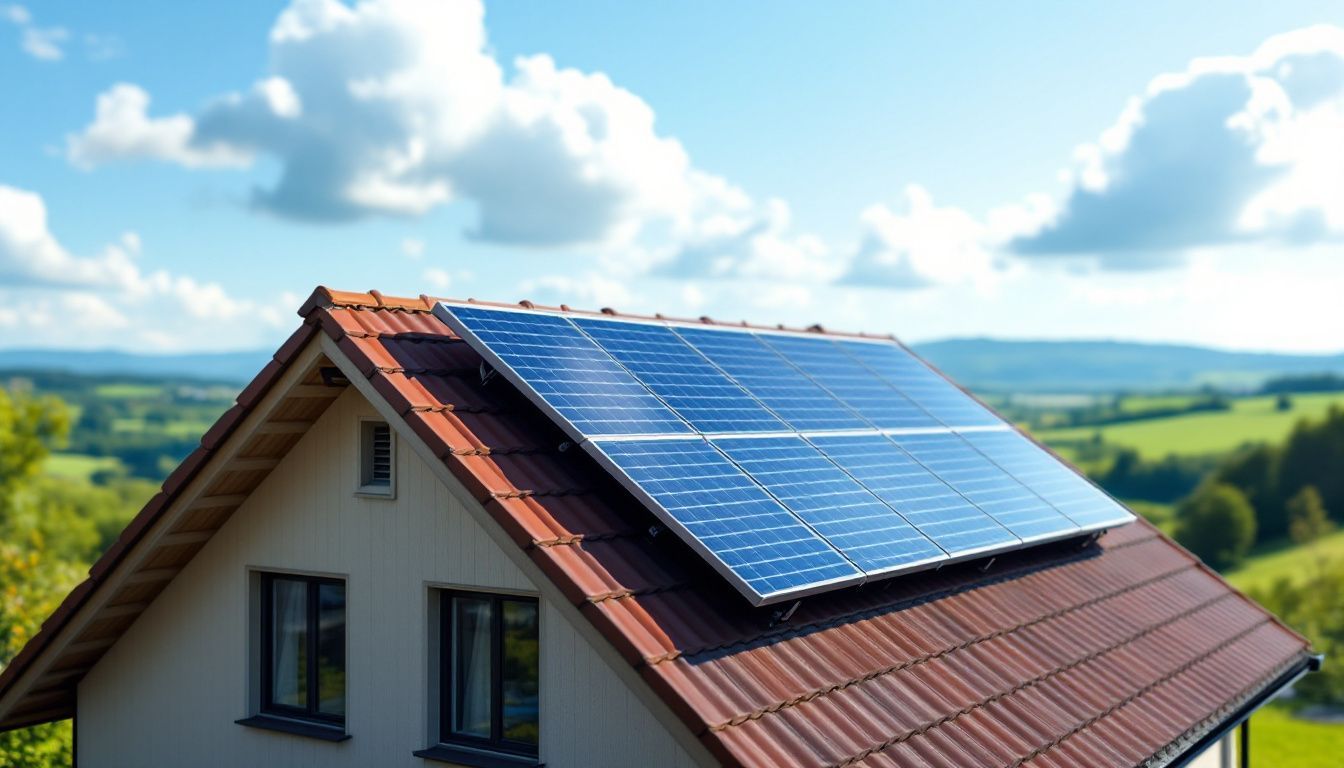 Een modern huis met zonnepanelen op het dak, omgeven door het platteland.