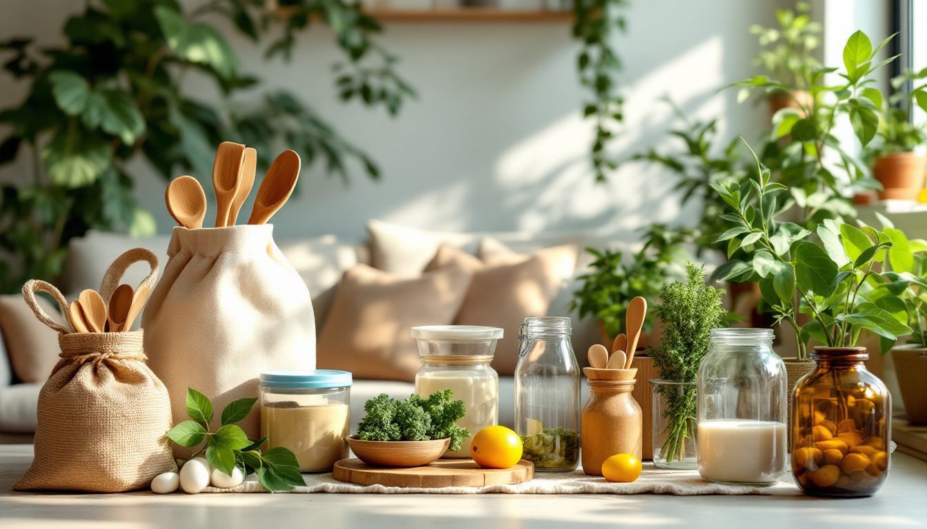 Een collectie milieuvriendelijke huishoudelijke producten in een gezellig huis.