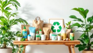 Een houten tafel met diverse milieuvriendelijke producten en recyclebare materialen.