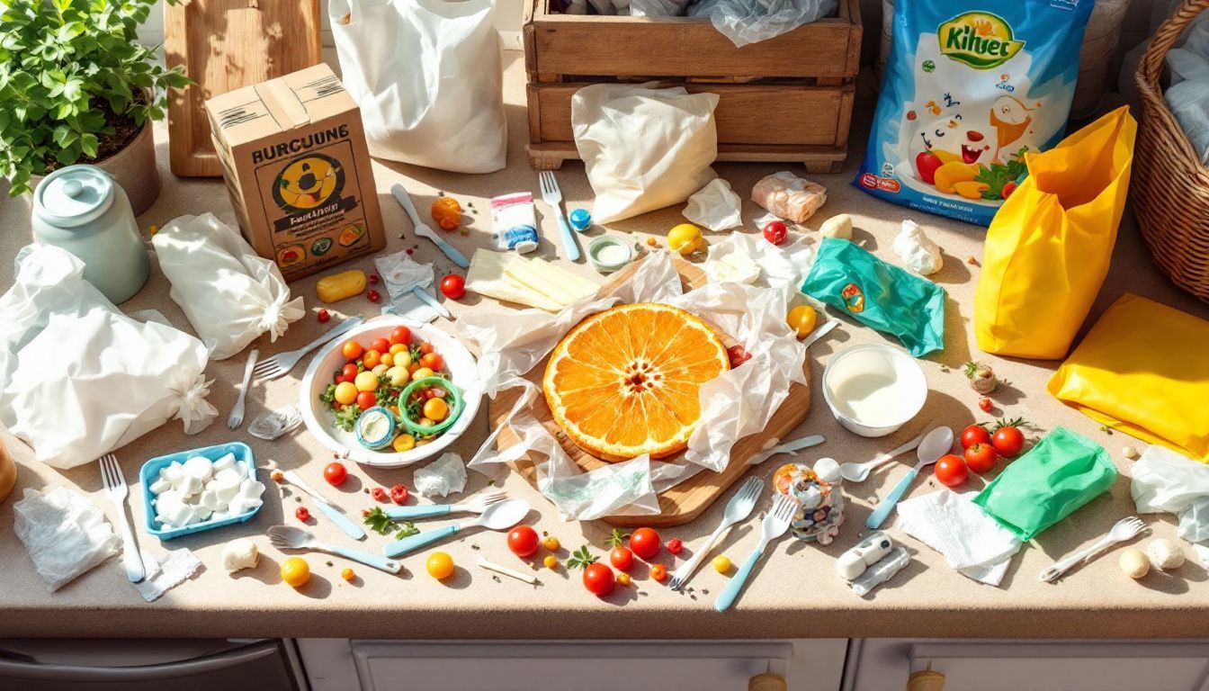 Een rommelig aanrecht met plastic afval benadrukt de schadelijke effecten van verspilling op het milieu. Een rommelig aanrecht met plastic afval benadrukt de schadelijke effecten van verspilling op het milieu.