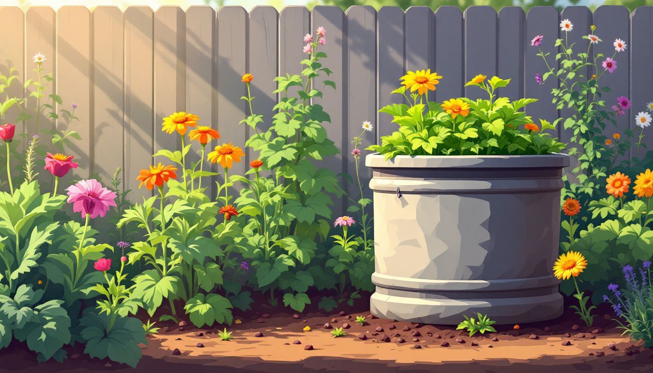 Een zelfgemaakte compostbak in een weelderige achtertuin vol groenten en bloemen.