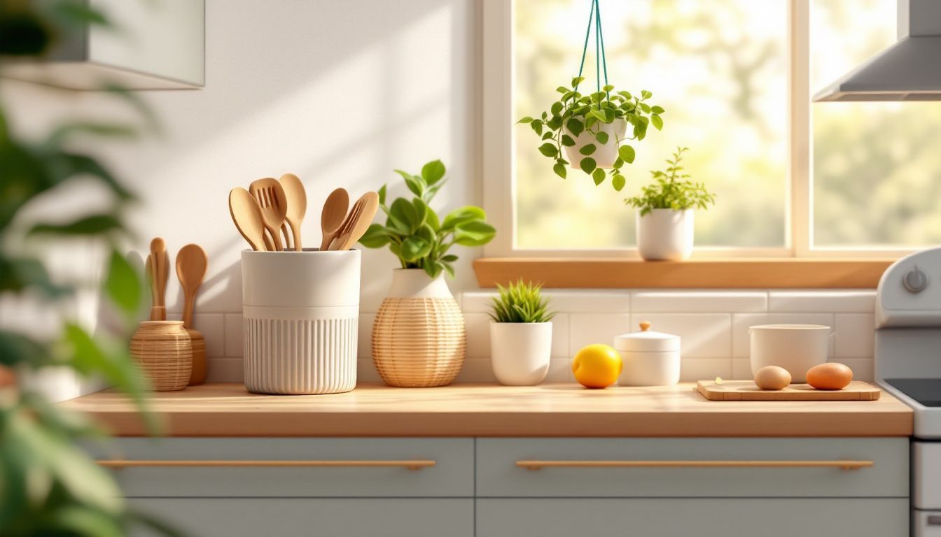 Een moderne en milieuvriendelijke keuken met stijlvolle accessoires en planten.