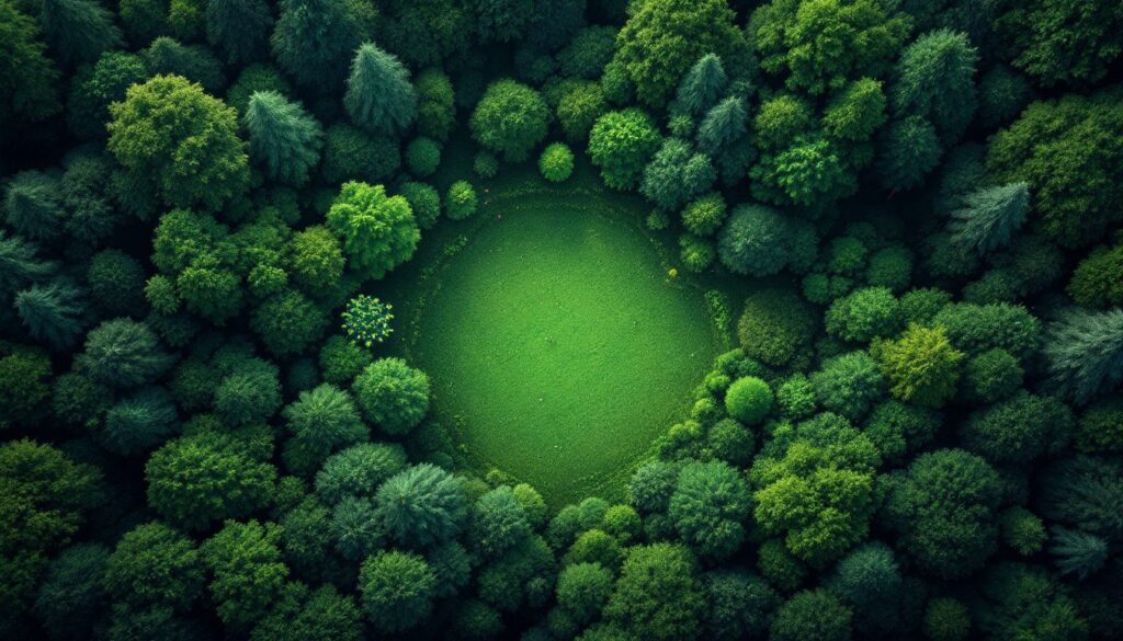 Een weelderig bos met diverse vegetatie en wilde dieren, zonder mensen.