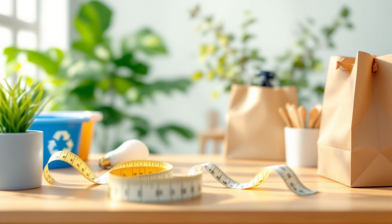 Een afbeelding van een meetlint en huishoudelijke artikelen op een tafel. Een afbeelding van een meetlint en huishoudelijke artikelen op een tafel.