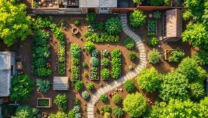 Een moestuin in een achtertuin met diverse gewassen en fruitbomen.