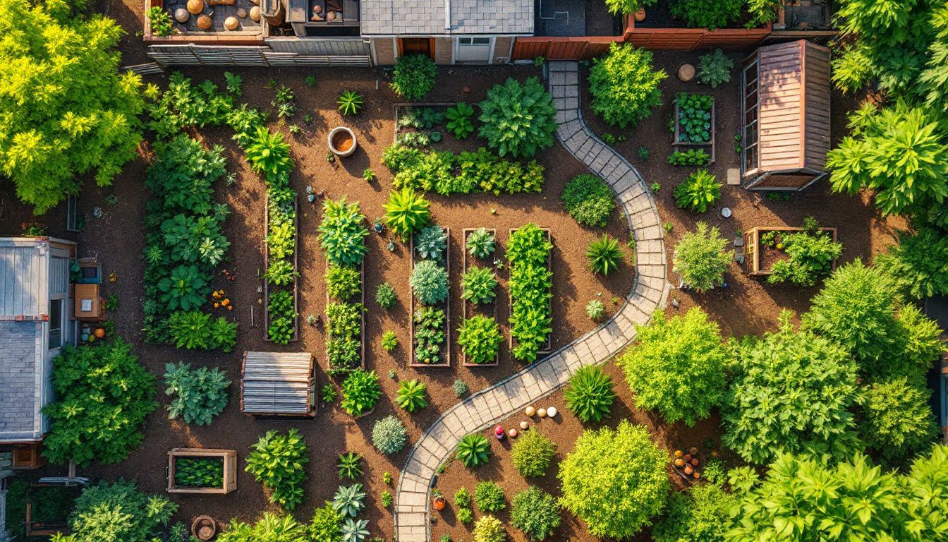 Een moestuin in een achtertuin met diverse gewassen en fruitbomen.