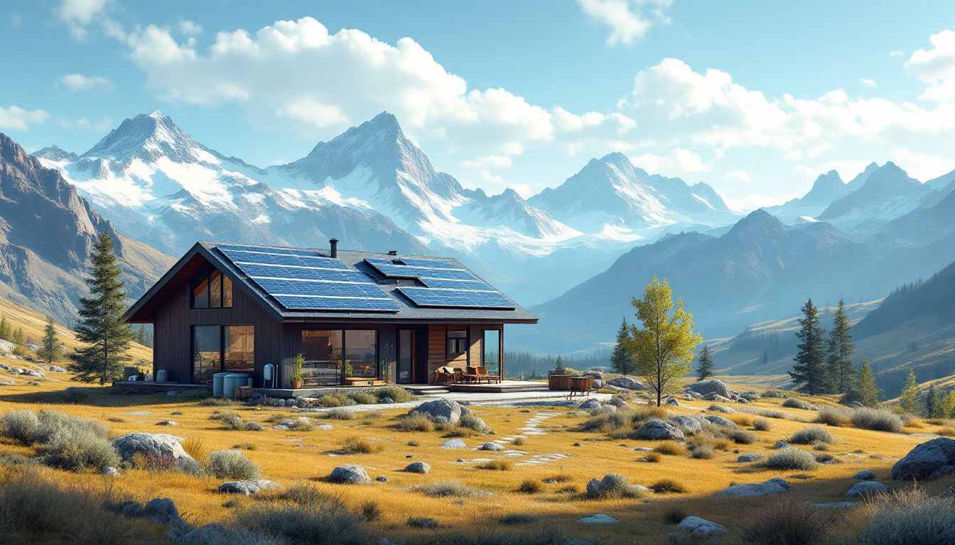 Een moderne off-grid woning in een afgelegen bergvallei met duurzame voorzieningen.