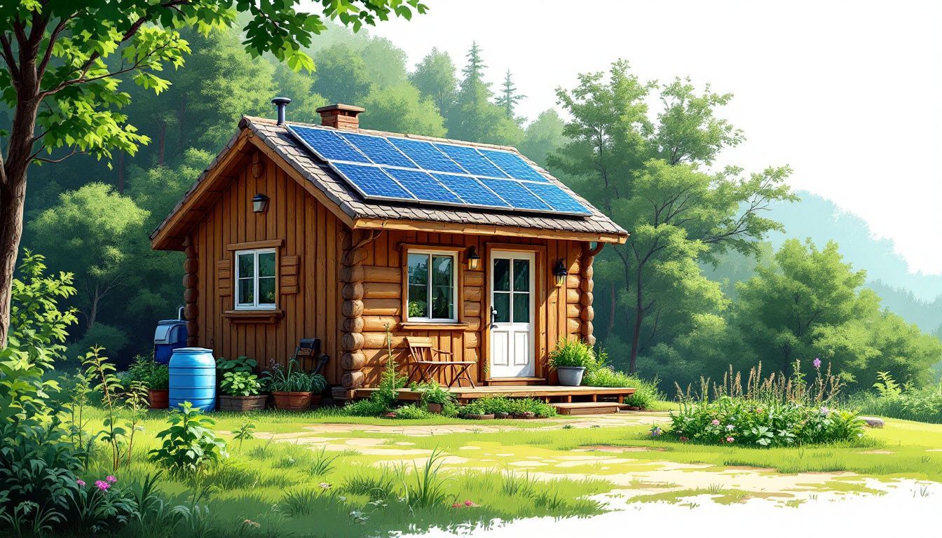 Een duurzame off-grid cabine omgeven door weelderig groen bos.