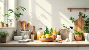 Eco-vriendelijke huishoudelijke artikelen in keukenomgeving, in een flat design stijl.