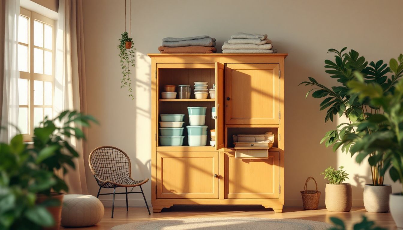 Een gezellige, opgeruimde woonkamer met tweedehands meubels en kleding. Een gezellige, opgeruimde woonkamer met tweedehands meubels en kleding.