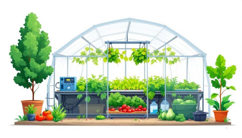 Een landelijke kas met moderne hydroponische systemen en welvarende gewassen.