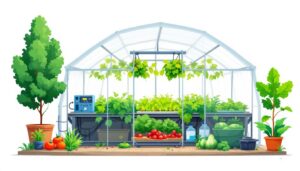 Een landelijke kas met moderne hydroponische systemen en welvarende gewassen.