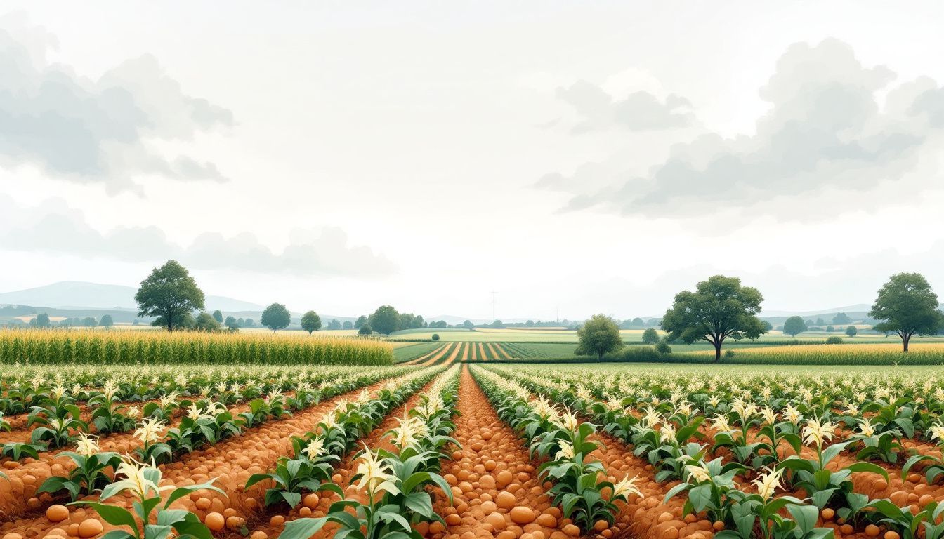 Een landelijk Nederlands boerenlandschap met aardappel- en maïsvelden tegen een bewolkte lucht. Een landelijk Nederlands boerenlandschap met aardappel- en maïsvelden tegen een bewolkte lucht.