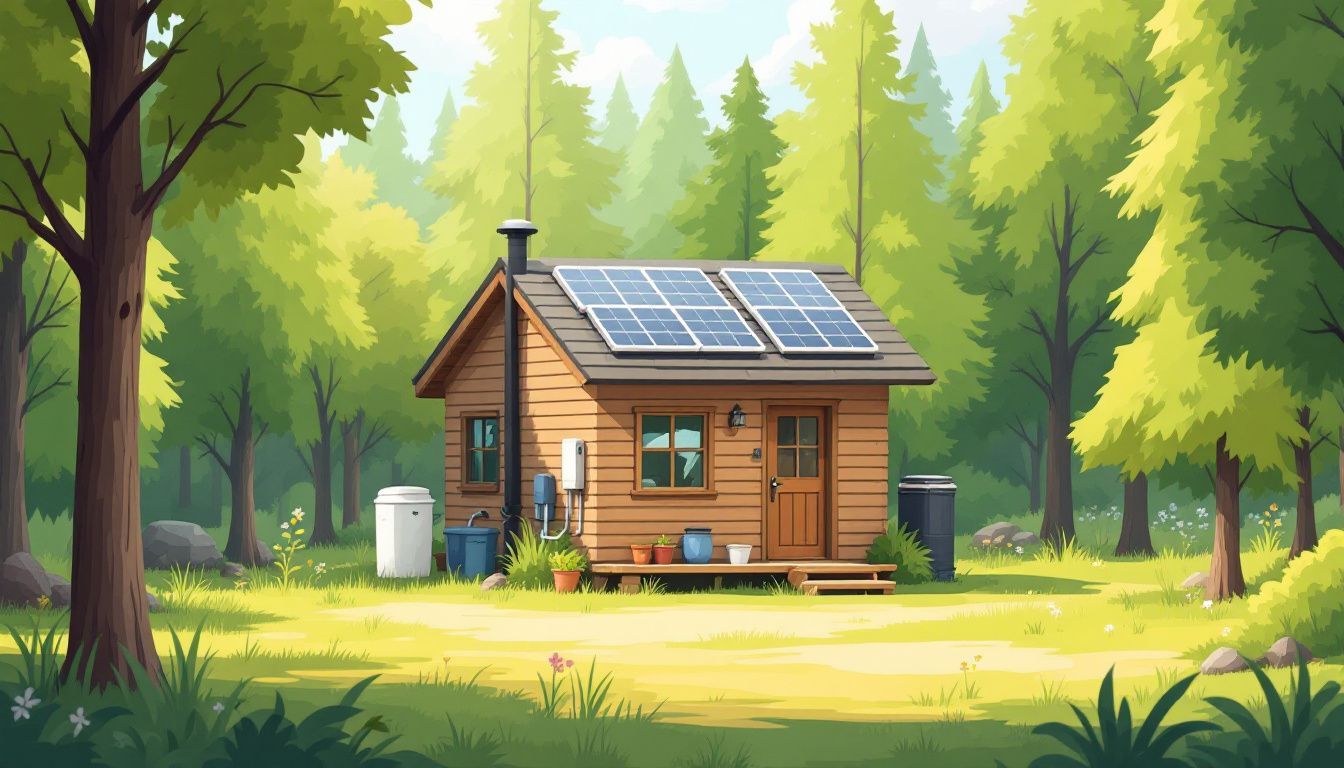 Een eenvoudige, duurzame off-grid cabine in een rustige bosrijke omgeving. Een eenvoudige, duurzame off-grid cabine in een rustige bosrijke omgeving.