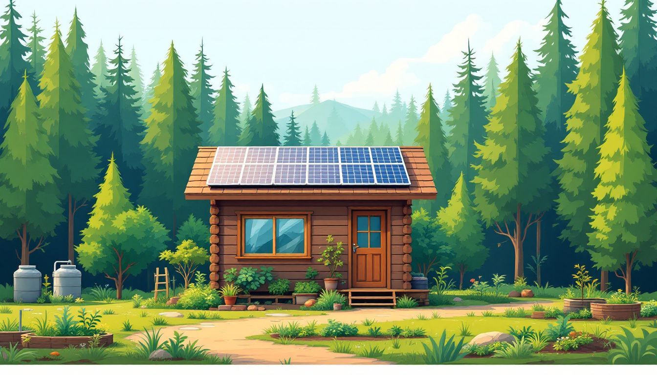 Een moderne off-grid cabine in het groene bos met zonnepanelen.