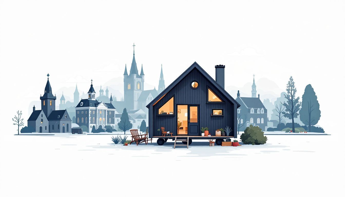 Een flat design illustratie van een off-grid tiny house model genaamd Franco, omringd door historische steden en natuurlijke landschappen.