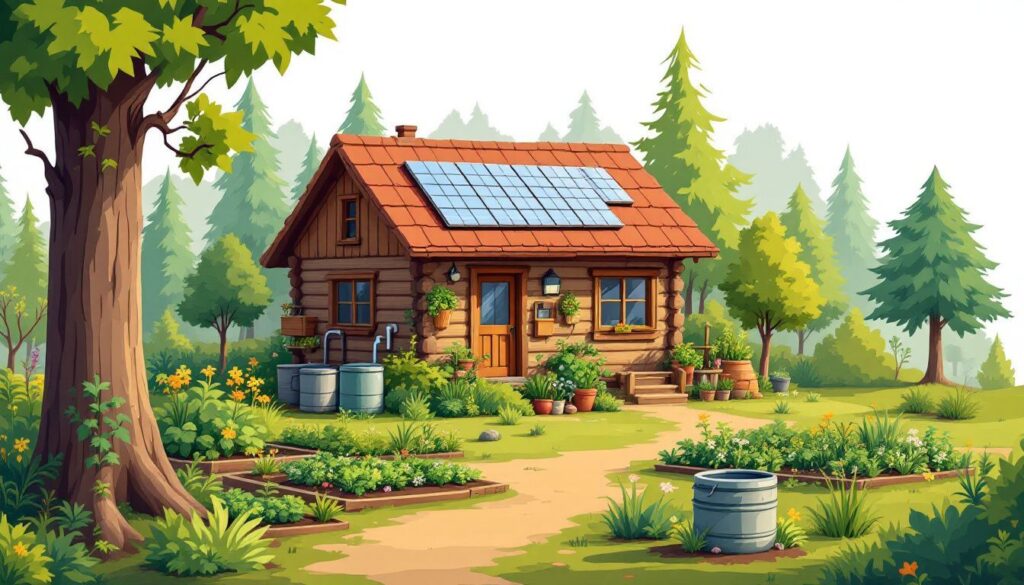 Een off-grid cabin omgeven door natuur met duurzame voorzieningen.