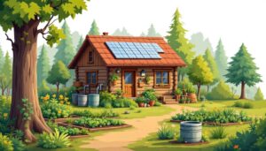 Een off-grid cabin omgeven door natuur met duurzame voorzieningen.