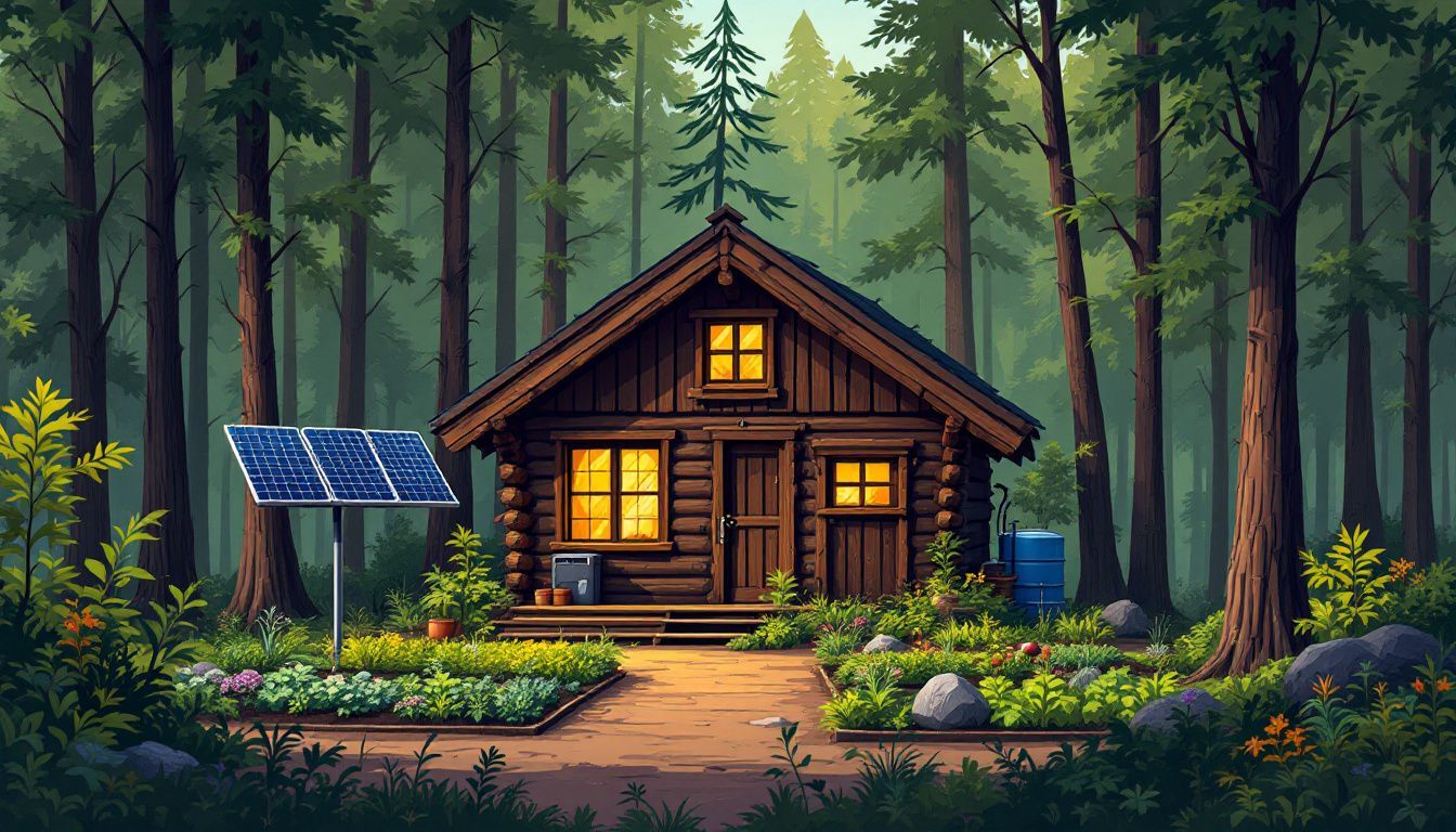 Een off-grid levensstijl met zonne-energie, regenwateropvang en moestuin bij een hut in het bos. Een off-grid levensstijl met zonne-energie, regenwateropvang en moestuin bij een hut in het bos.