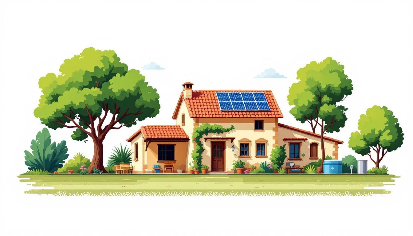 Een landelijke boerderij met duurzame energiebronnen en groene omgeving.