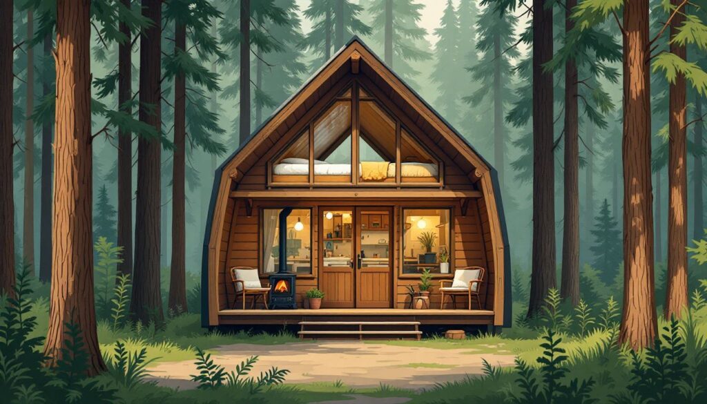 Een rustieke, off-grid hut gelegen in een dicht bos, met een gezellig interieur.