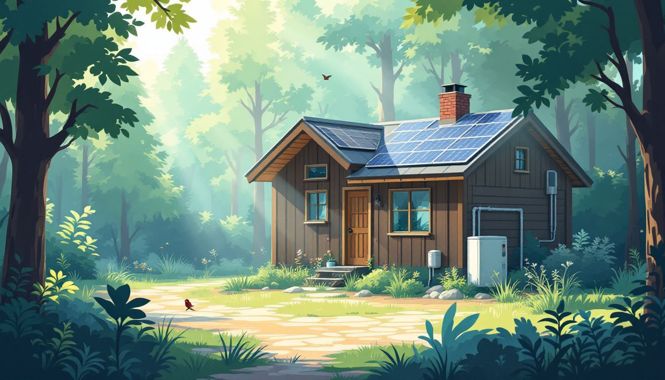 Een landelijk off-grid huis met zonne-energie, een waterput en een warmtepompsysteem.