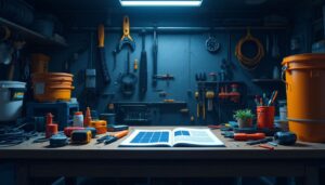 Een rommelige werkbank met DIY zonne-energie installatiegids en gereedschap.