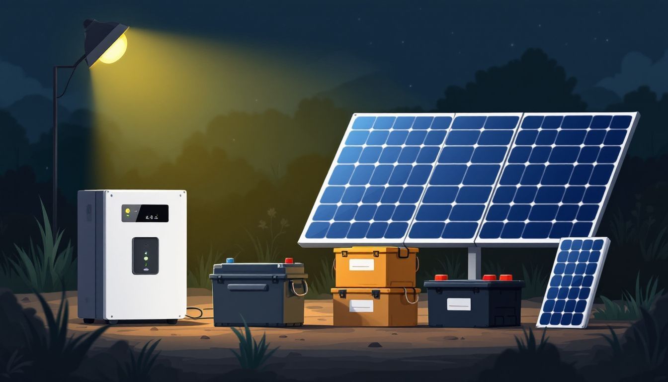 Een illustratie van een off-grid zonnestelsel met panelen, batterijen en omvormers.